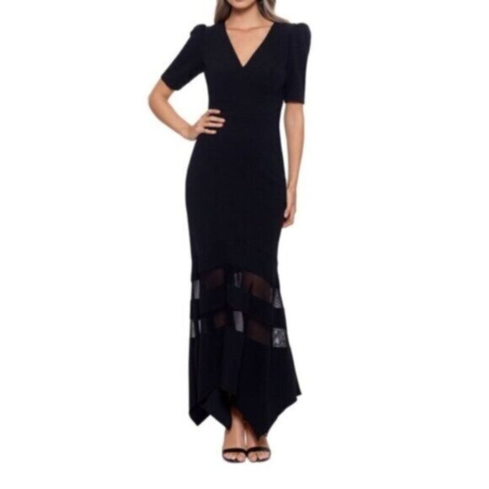 XSCAPE Womens Black Illusion Insets Asymmetric Hem Pouf Sleeve Gown Dress